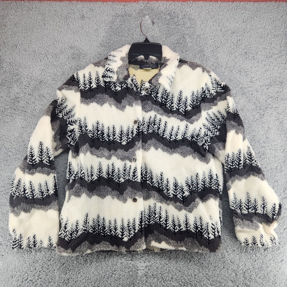 Vintage Willow Ridge Tree Pattern Womens Size M Button Sherpa Fleece Jacket Coat